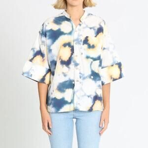 BASSIKE Boxy Collarless Shirt Blue Tie Dye Half Sleeve Casual Women's 3/US 8